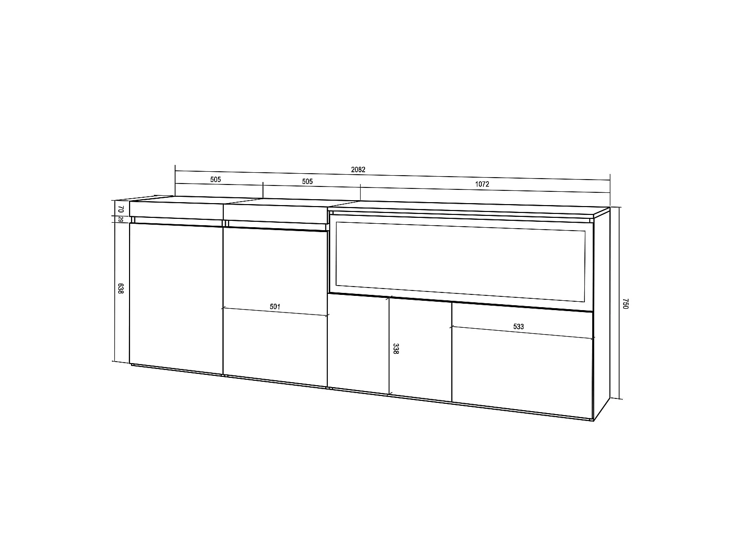Dressoir, Opbergkast, 208x35x75cm, 4 Deuren, Elektrische haard XXL, Zwart