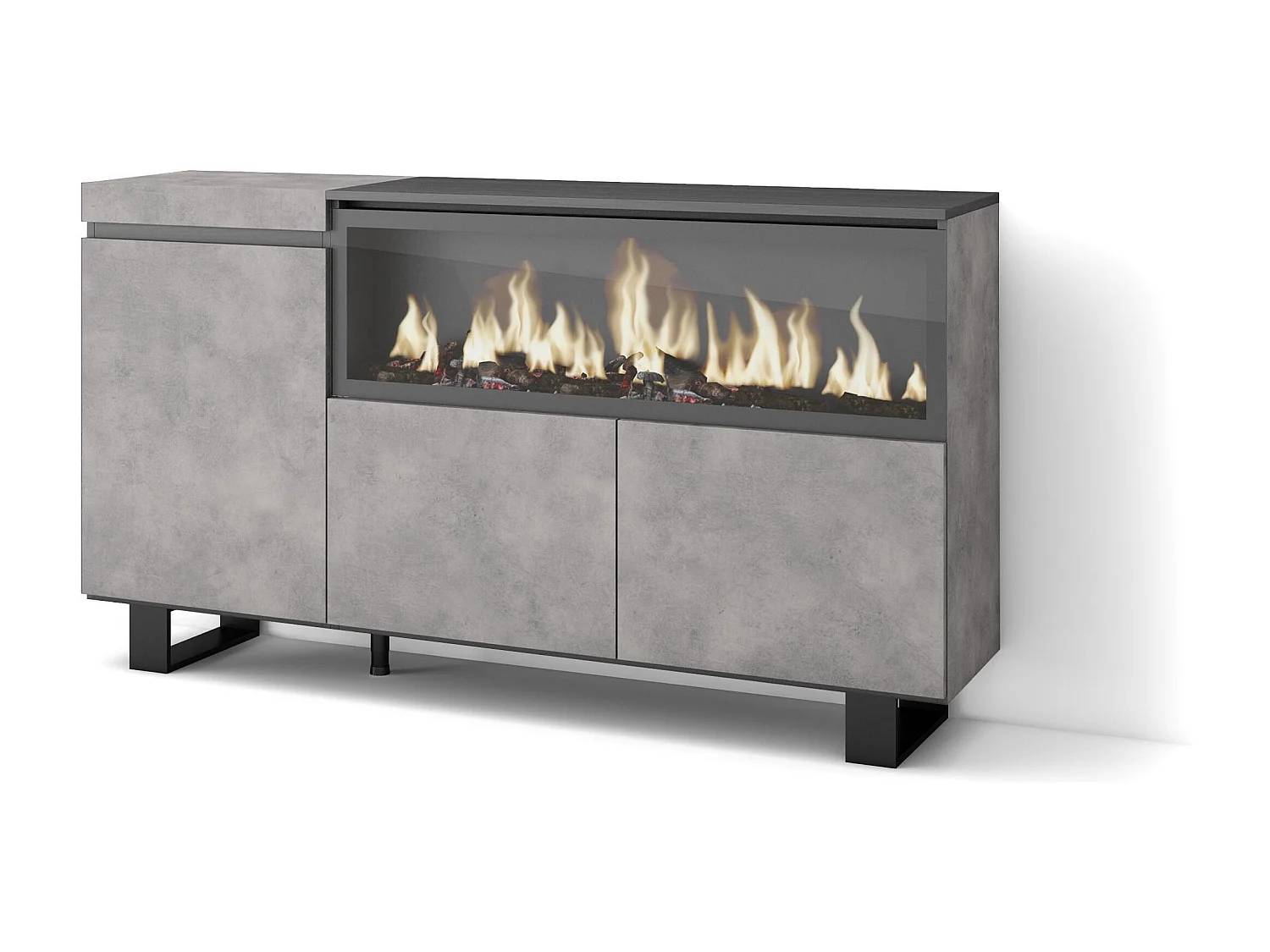 Buffet salon et cuisine, 158x35x87cm, 3 Portes, Cheminée électrique XXL, Design industriel, Ciment