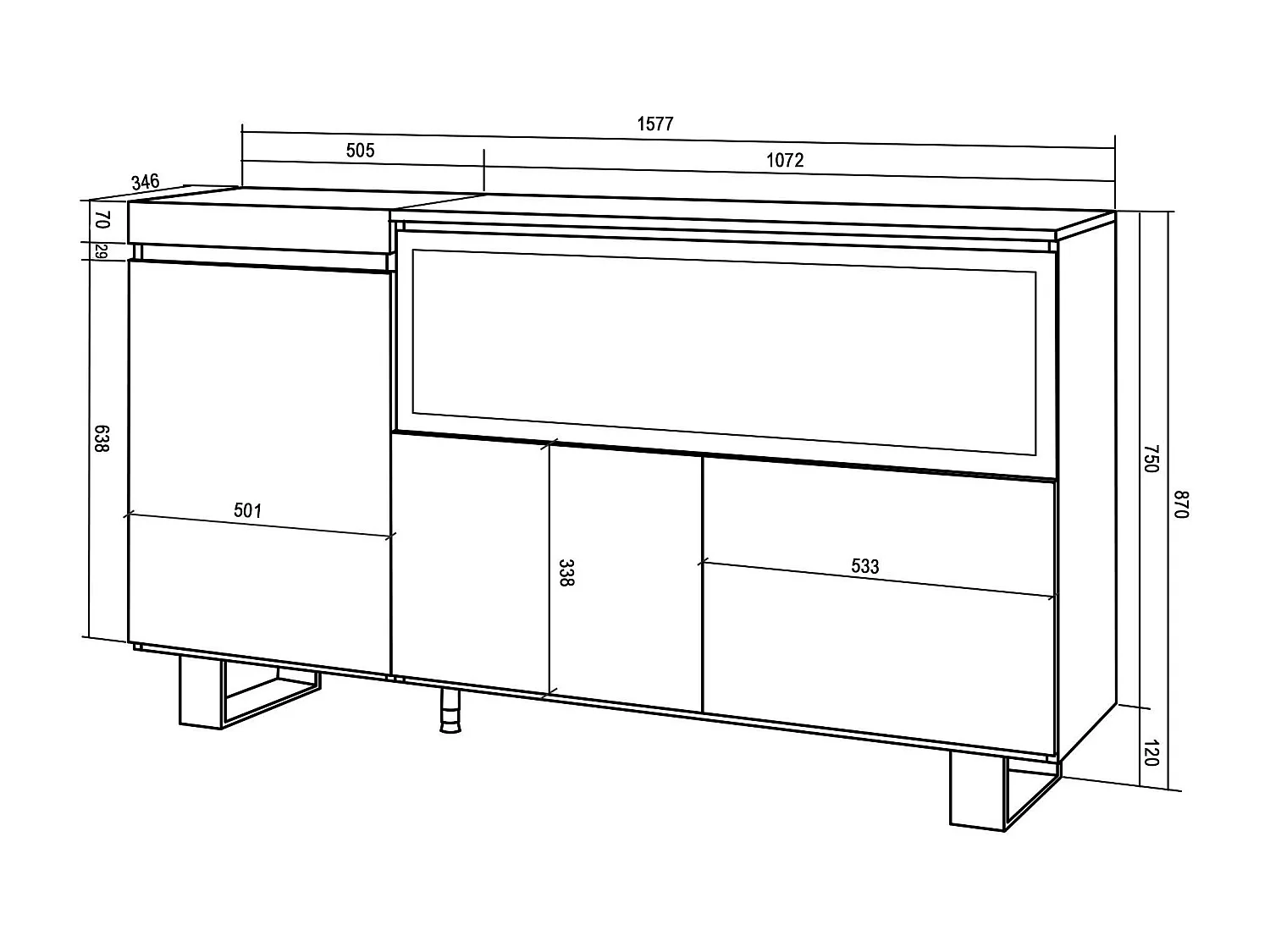 Buffet salon et cuisine, 158x35x87cm, 3 Portes, Cheminée électrique XXL, Design industriel, Ciment