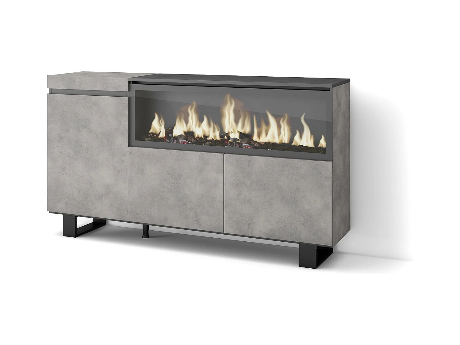 Buffet salon et cuisine, 158x35x87cm, 3 Portes, Cheminée électrique XXL, Design industriel, Ciment