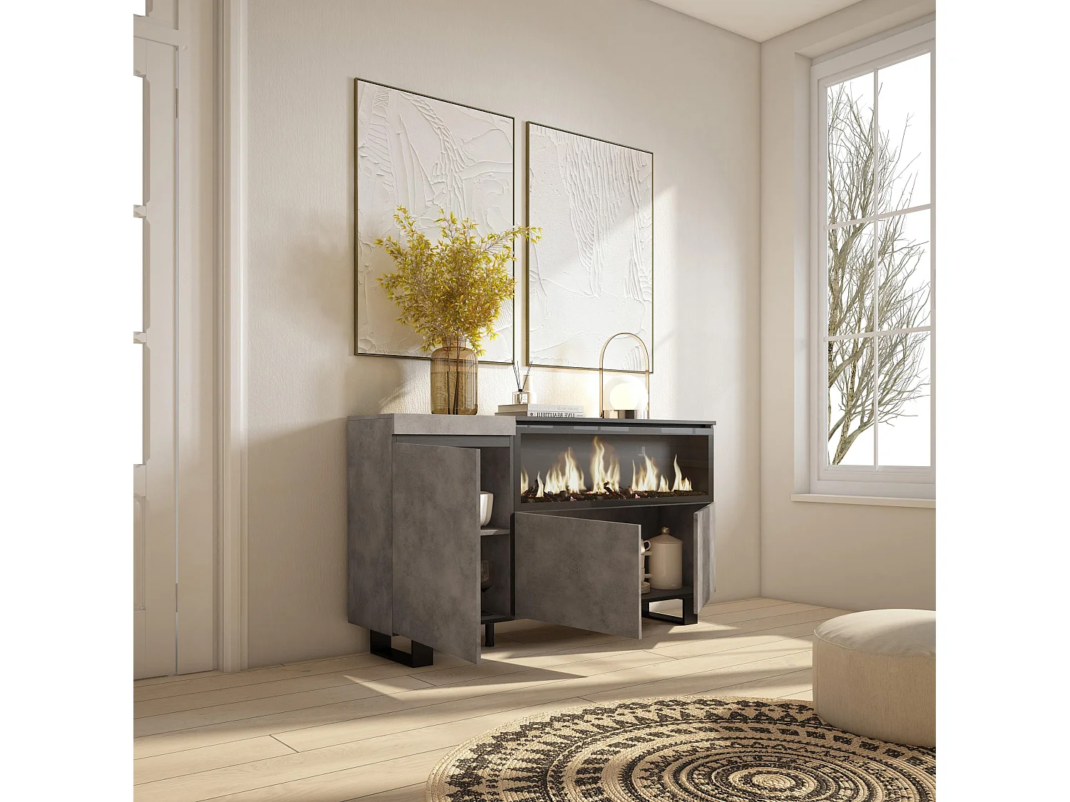 Dressoir, Opbergkast, 158x35x87cm, 3 Deuren, Elektrische haard XXL, Industrieel design, Cement