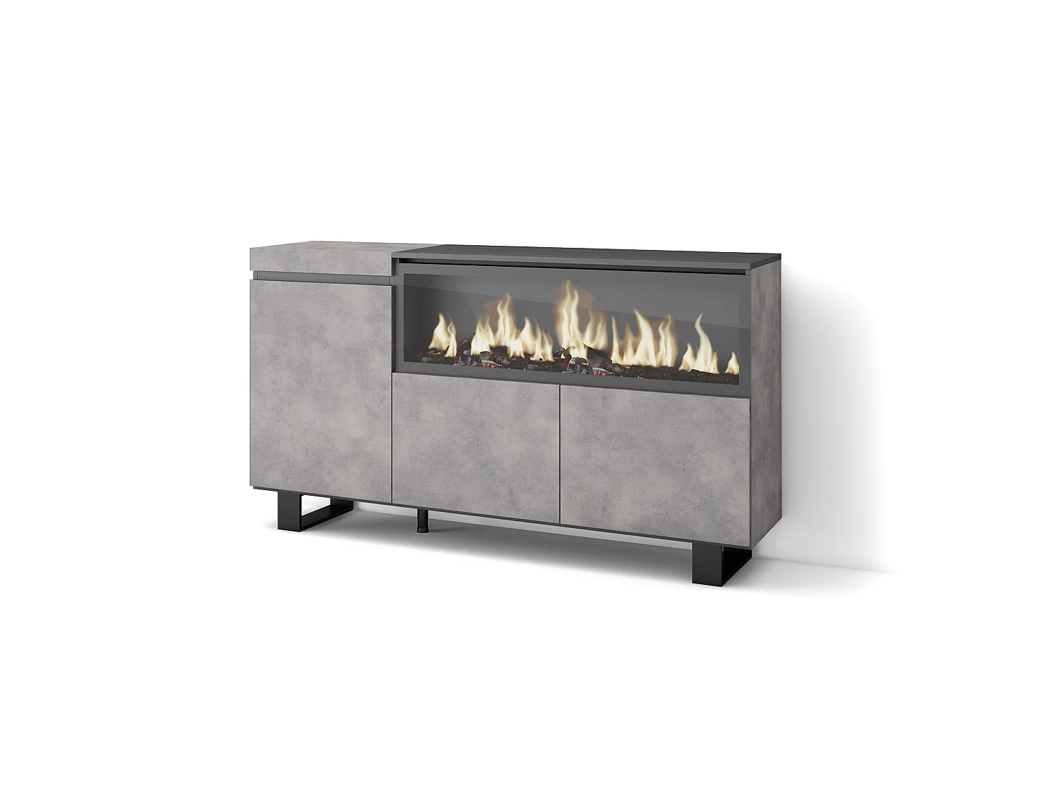 Buffet salon et cuisine, 158x35x87cm, 3 Portes, Cheminée électrique XXL, Design industriel, Ciment