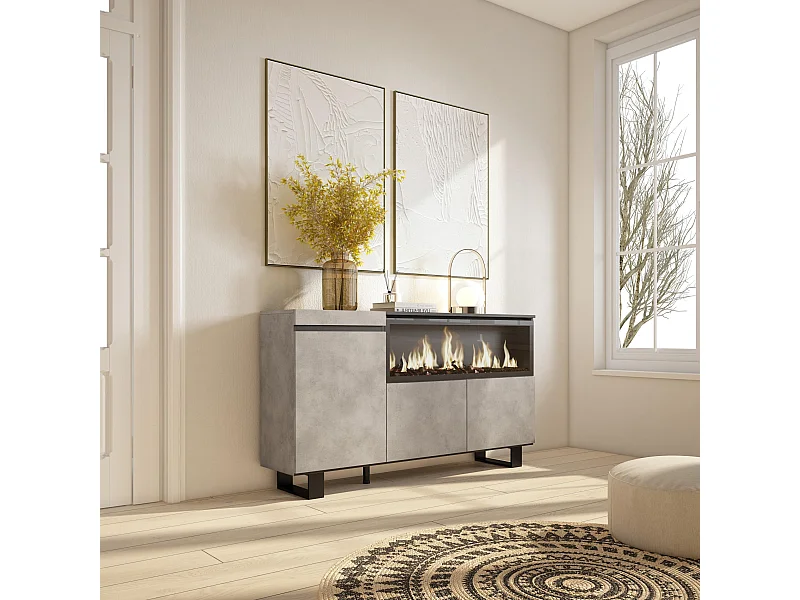 Buffet salon et cuisine, 158x35x87cm, 3 Portes, Cheminée électrique XXL, Design industriel, Ciment