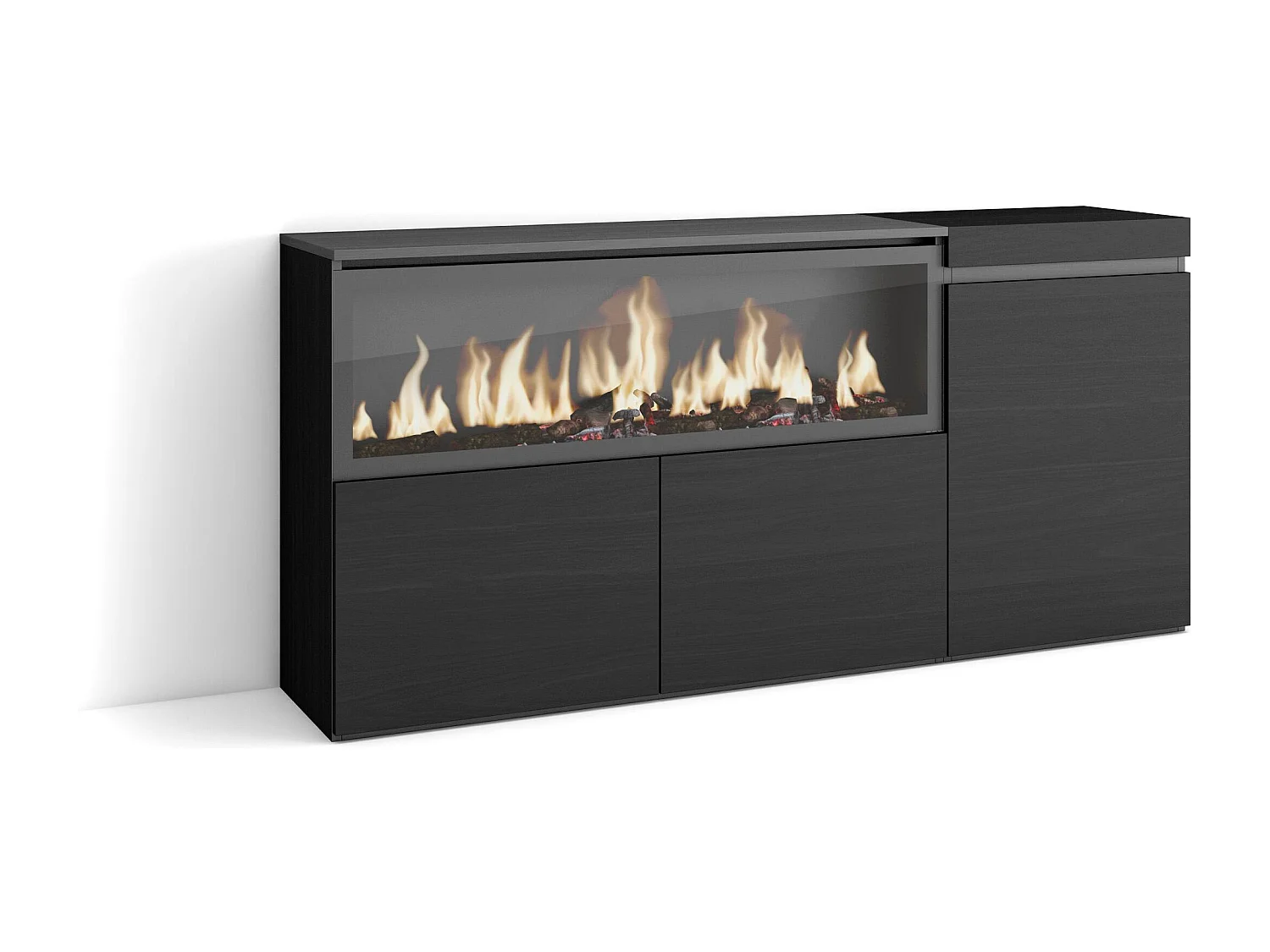 Dressoir, Opbergkast, 158x35x75cm, 3 Deuren, Elektrische haard XXL, Zwart