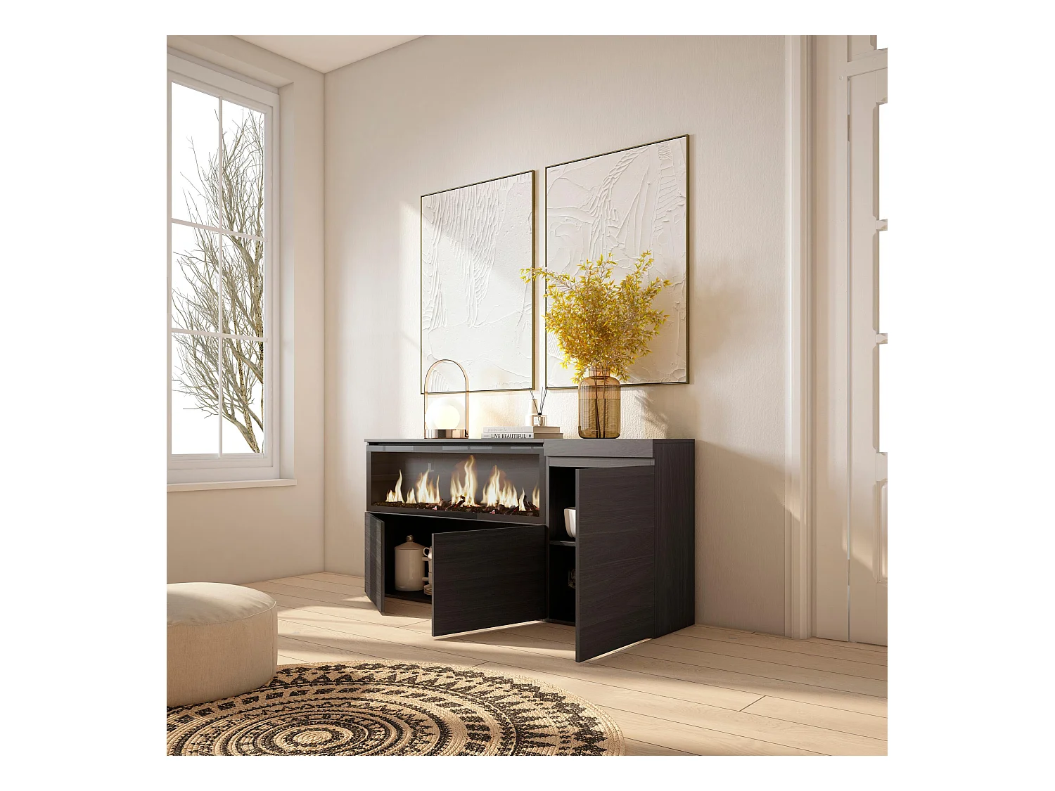 Dressoir, Opbergkast, 158x35x75cm, 3 Deuren, Elektrische haard XXL, Zwart