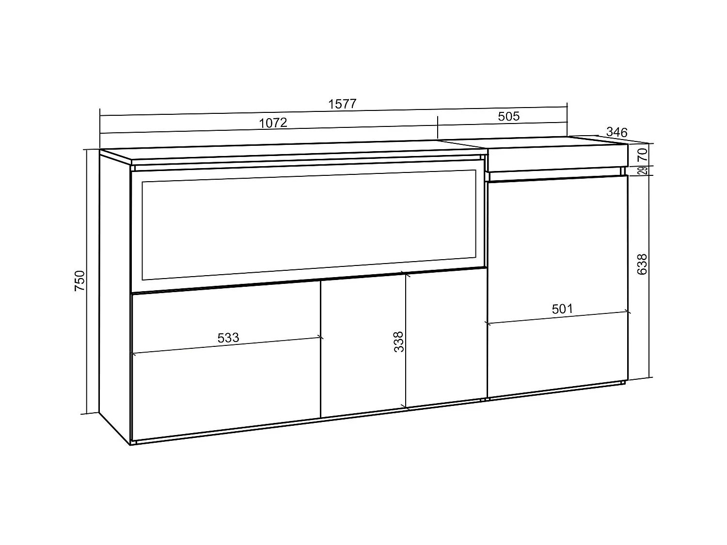 Dressoir, Opbergkast, 158x35x75cm, 3 Deuren, Elektrische haard XXL, Zwart