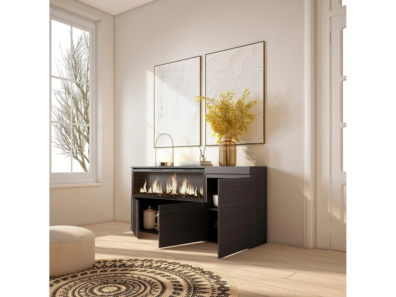 Credenza, Mobile, Cucina, 158x35x87cm, 3 Porte, Camino elettrico XXL, Nero