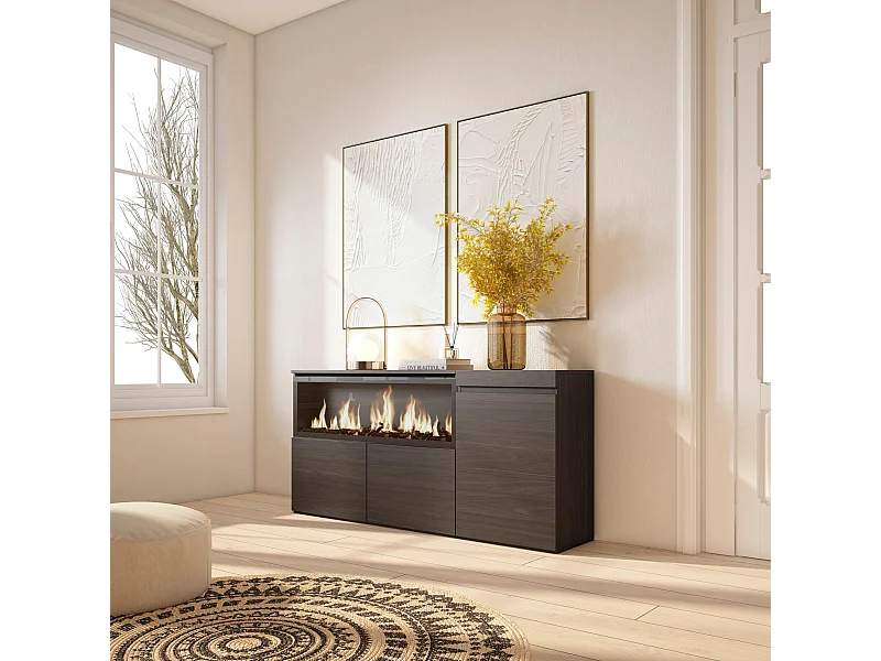 Sideboard, Highboard, 158x35x75cm, 3 Türen, Elektrokamin XXL, Schwarz