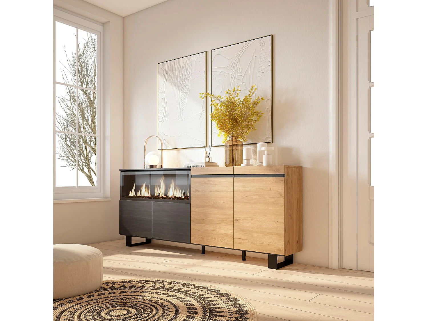 Buffet salon et cuisine, 208x35x87cm, 4 Portes, Cheminée électrique XXL, Design industriel, Chêne et noir