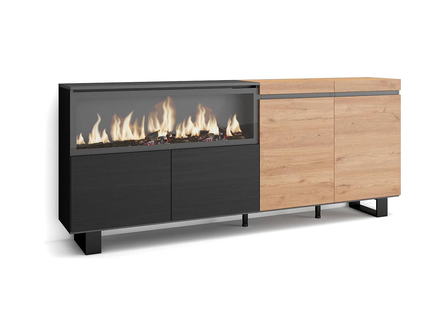 Buffet salon et cuisine, 208x35x87cm, 4 Portes, Cheminée électrique XXL, Design industriel, Chêne et noir