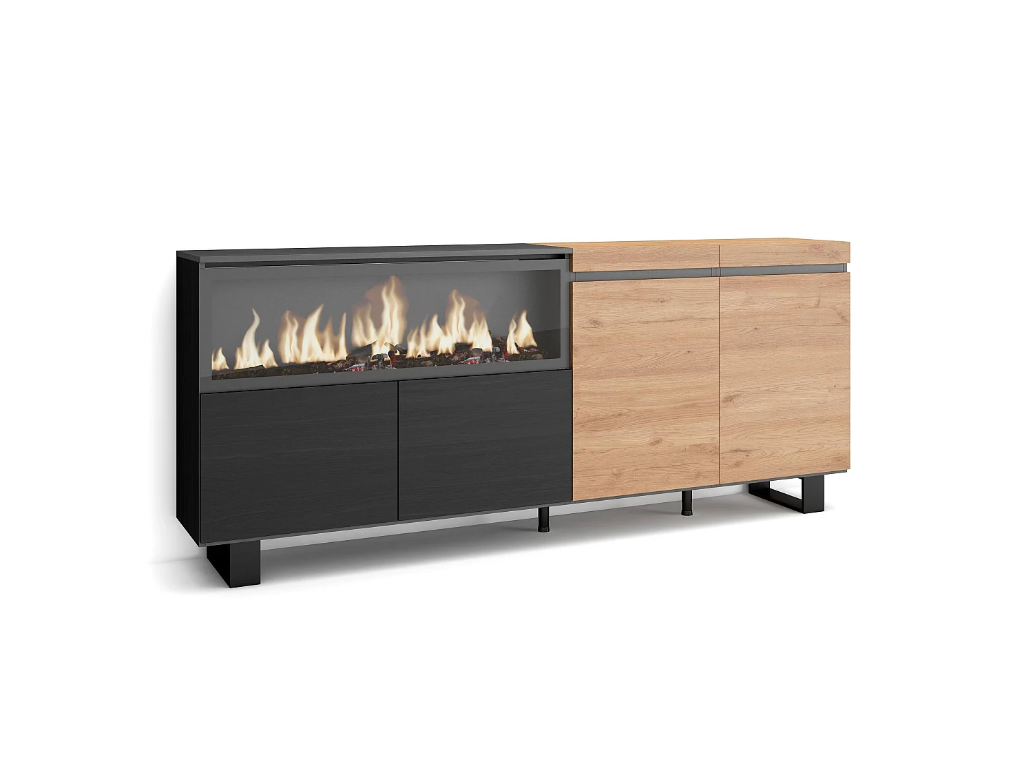 Buffet salon et cuisine, 208x35x87cm, 4 Portes, Cheminée électrique XXL, Design industriel, Chêne et noir