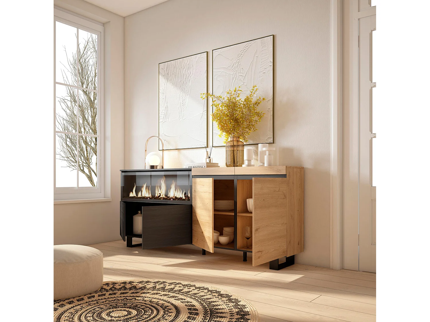 Buffet salon et cuisine, 208x35x87cm, 4 Portes, Cheminée électrique XXL, Design industriel, Chêne et noir