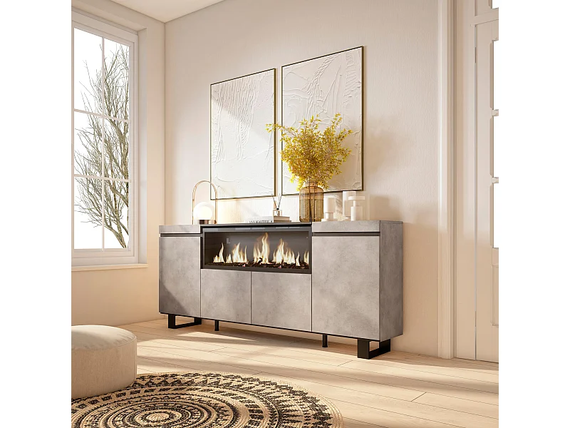 Credenza, Mobile, Cucina, 208x35x87cm, 4 Porte, Camino elettrico XXL, Design industriale, Cemento
