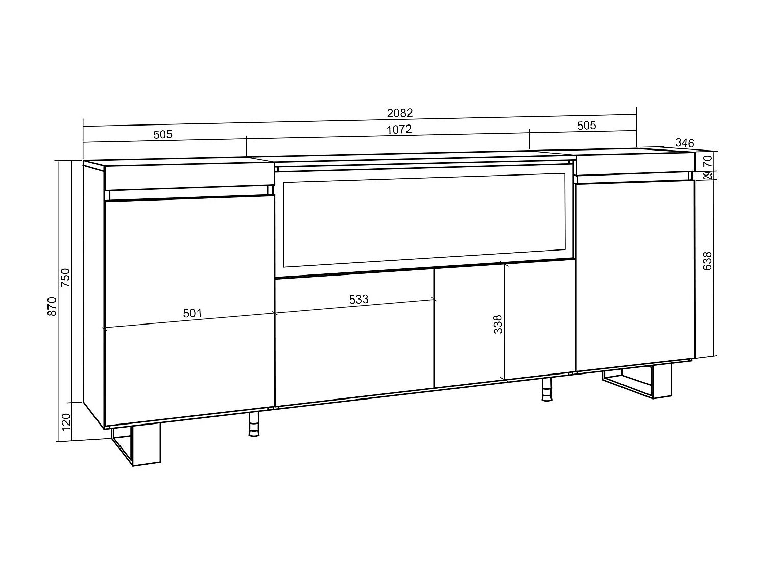 Buffet salon et cuisine, 208x35x87cm, 4 Portes, Cheminée électrique XXL, Design industriel, Ciment