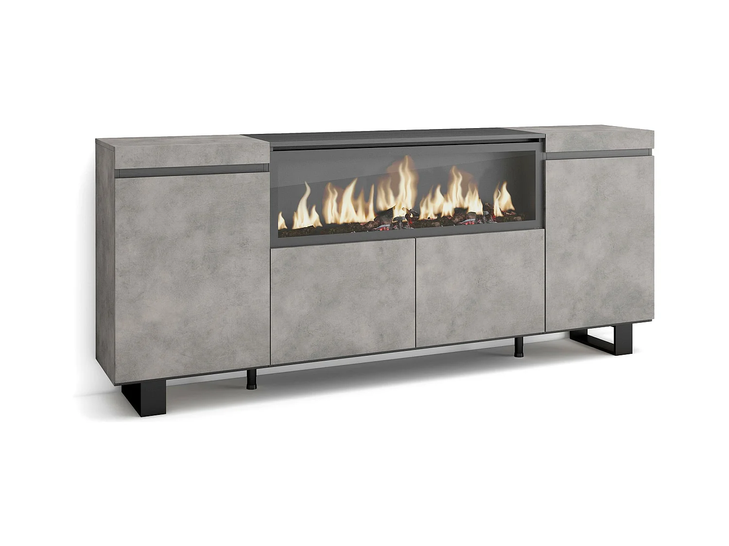 Buffet salon et cuisine, 208x35x87cm, 4 Portes, Cheminée électrique XXL, Design industriel, Ciment