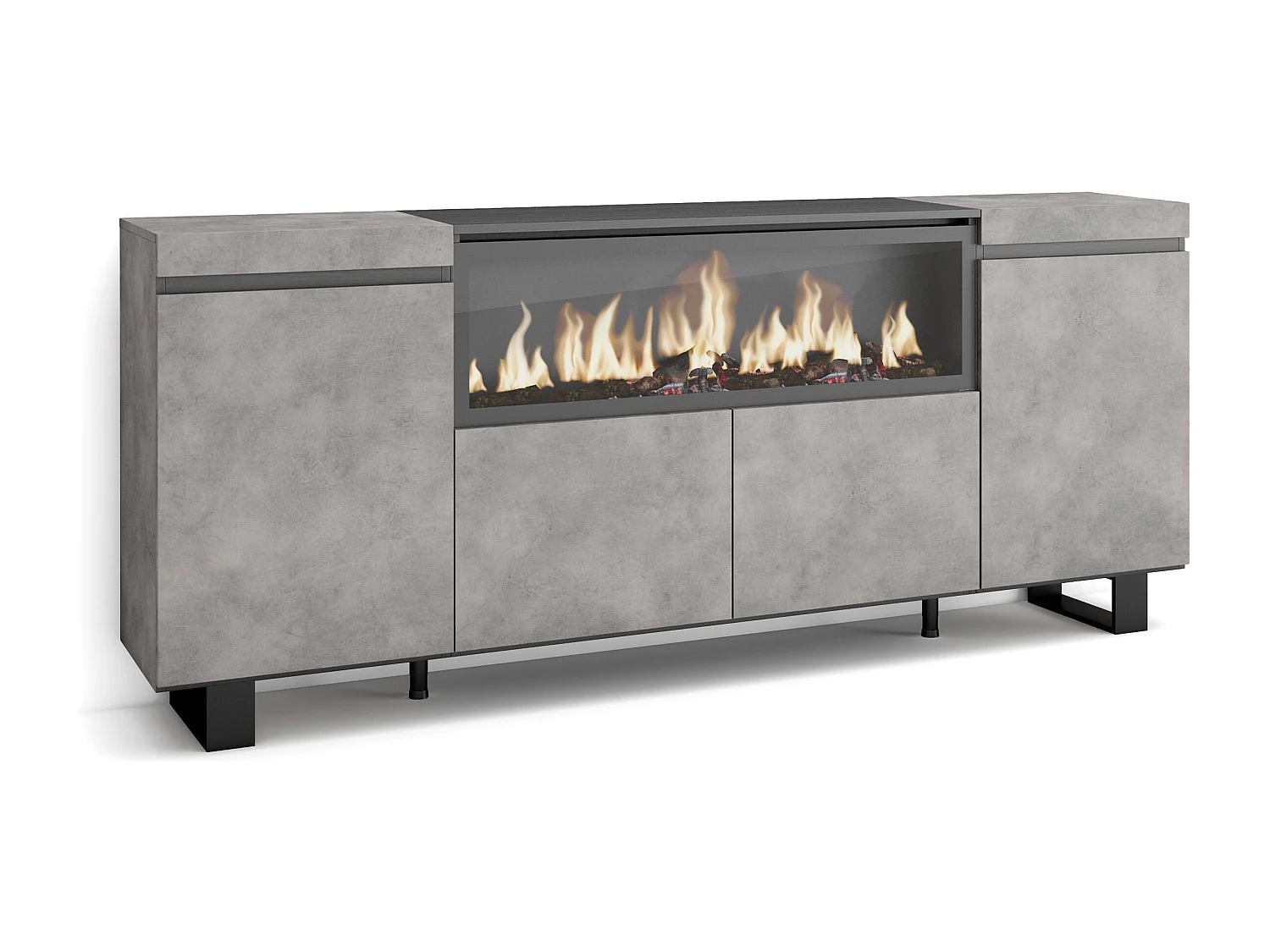 Sideboard, Highboard, 208x35x87cm, 4 Türen, Elektrokamin XXL, Industriedesign, Zement