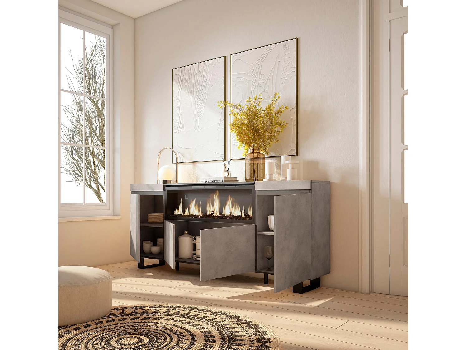 Sideboard, Highboard, 208x35x87cm, 4 Türen, Elektrokamin XXL, Industriedesign, Zement