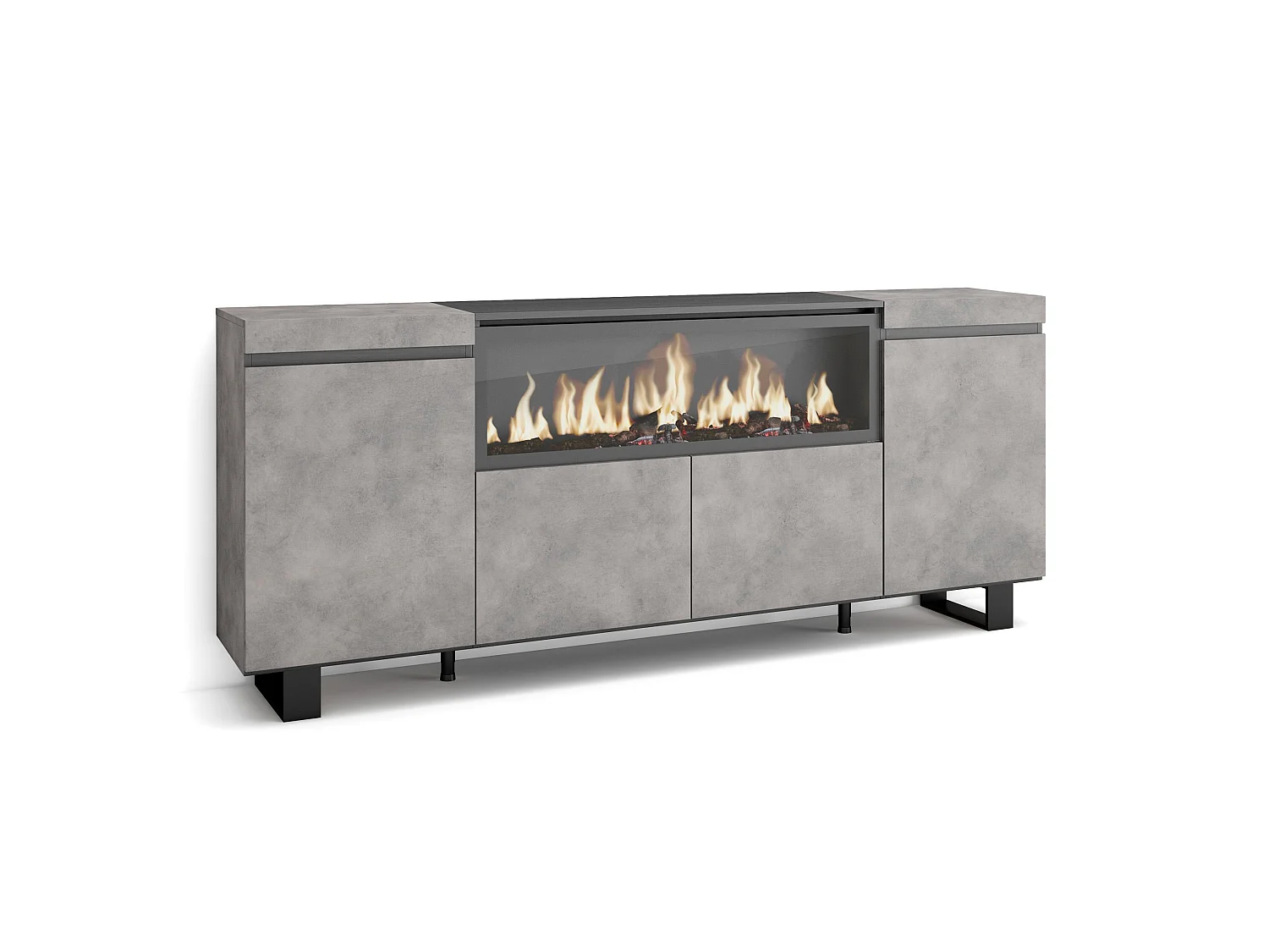 Buffet salon et cuisine, 208x35x87cm, 4 Portes, Cheminée électrique XXL, Design industriel, Ciment