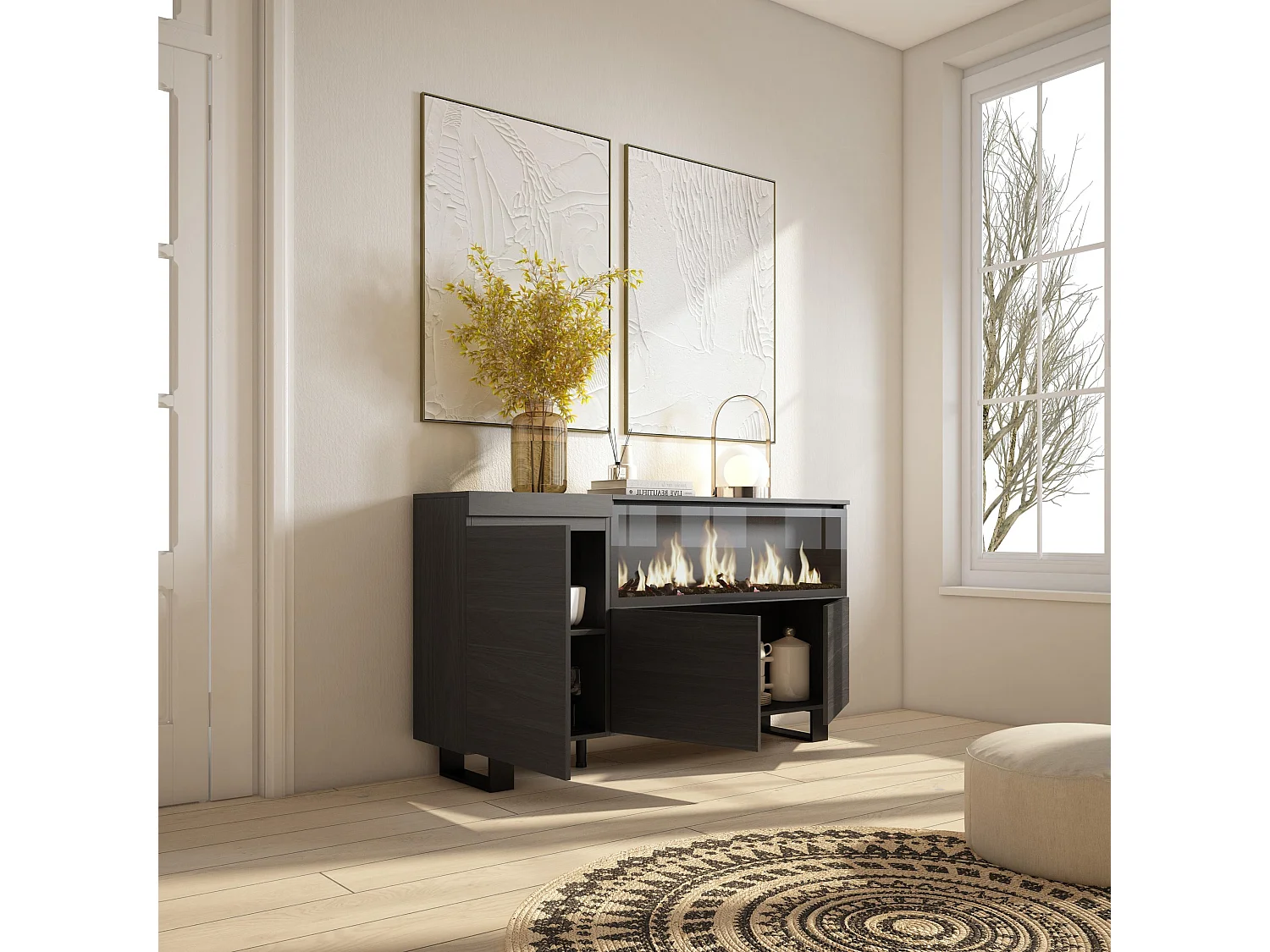 Dressoir, Opbergkast, 158x35x87cm, 3 Deuren, Elektrische haard XXL, Industrieel design, Zwart