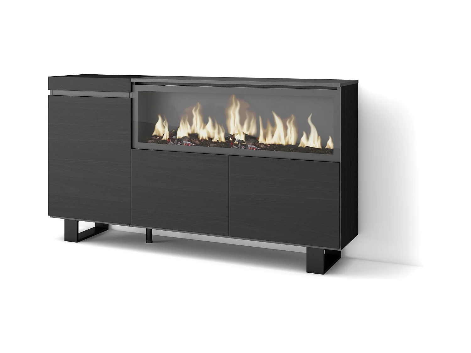 Buffet salon et cuisine, 158x35x87cm, 3 Portes, Cheminée électrique XXL, Design industriel, Noir
