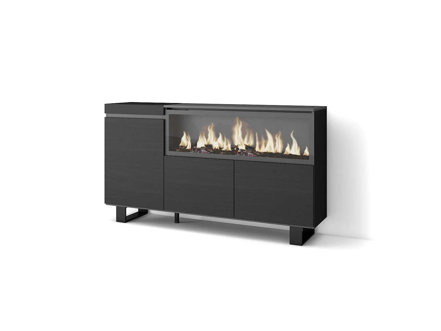 Dressoir, Opbergkast, 158x35x87cm, 3 Deuren, Elektrische haard XXL, Industrieel design, Zwart