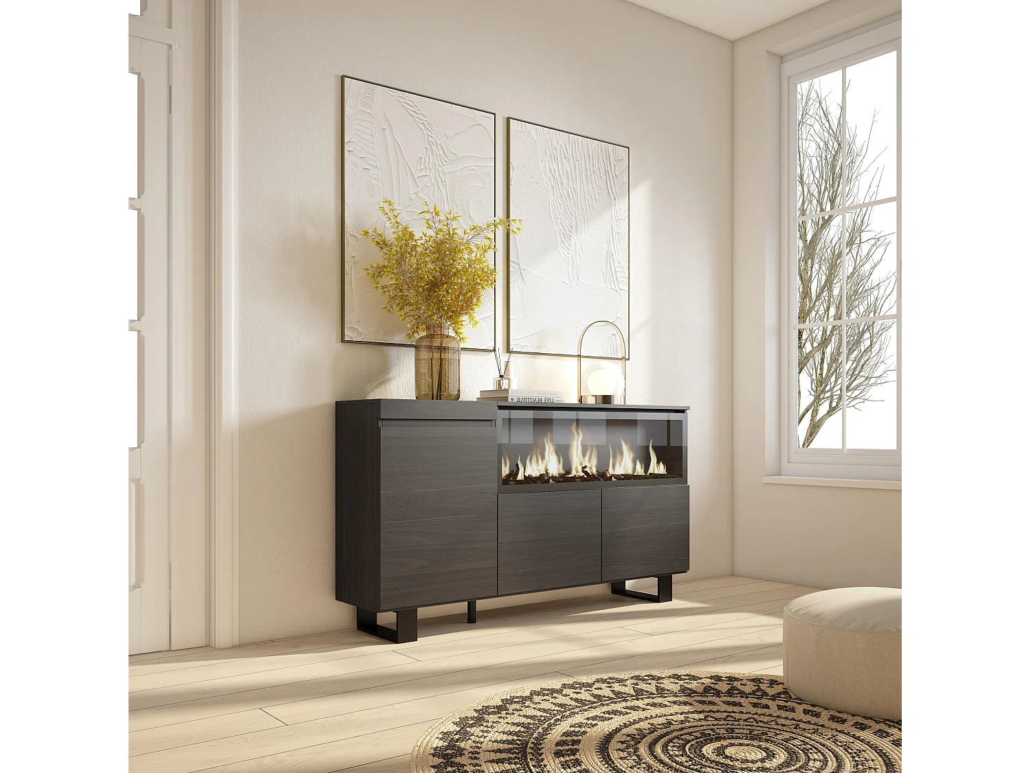 Dressoir, Opbergkast, 158x35x87cm, 3 Deuren, Elektrische haard XXL, Industrieel design, Zwart