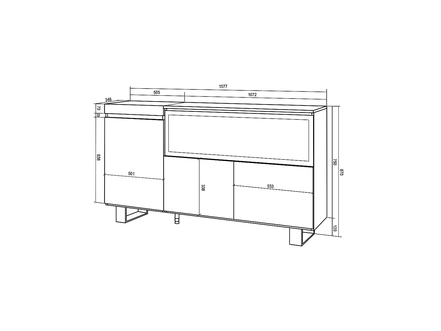 Dressoir, Opbergkast, 158x35x87cm, 3 Deuren, Elektrische haard XXL, Industrieel design, Zwart