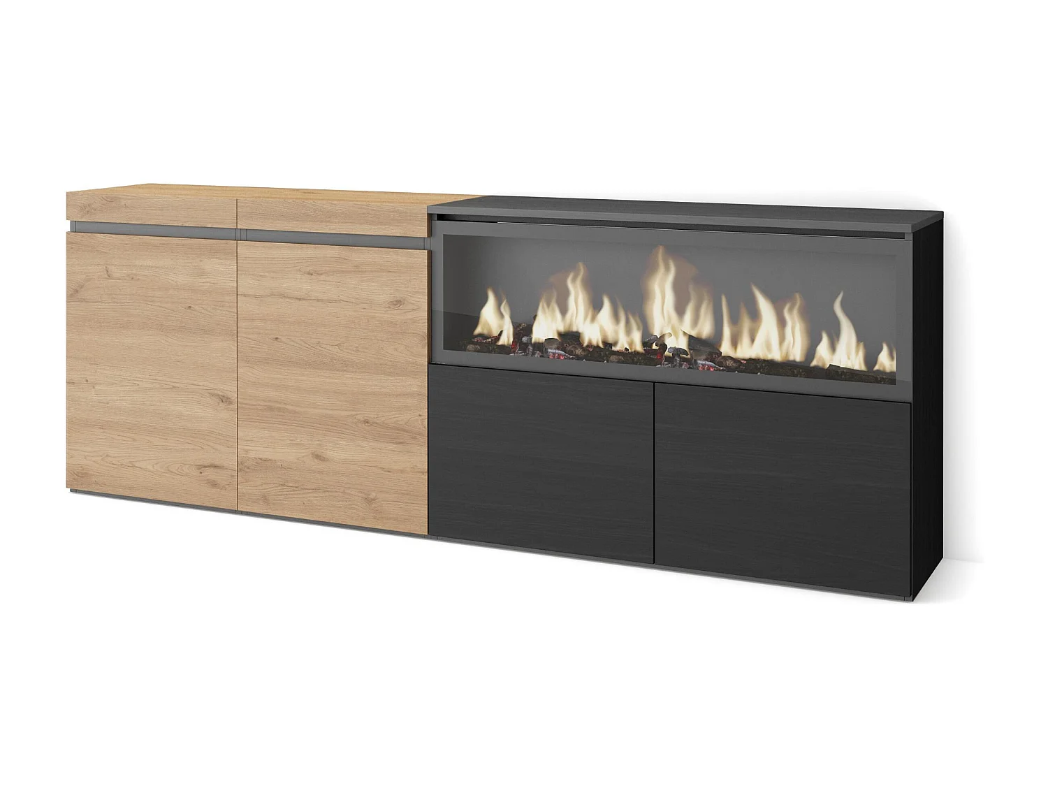 Buffet salon et cuisine, 208x35x75cm, 4 Portes, Cheminée électrique XXL, Chêne et noir