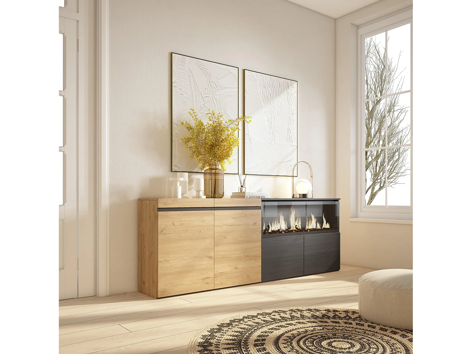 Buffet salon et cuisine, 208x35x75cm, 4 Portes, Cheminée électrique XXL, Chêne et noir