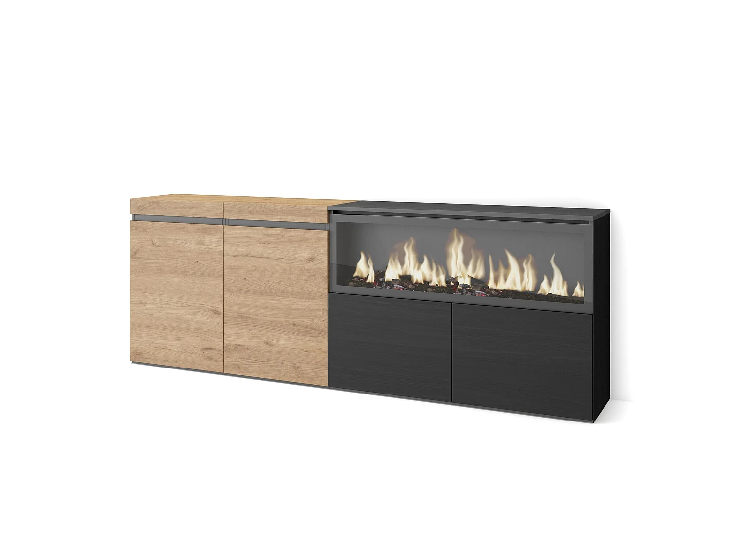 Credenza, Mobile, Cucina, 208x35x75cm, 4 Porte, Camino elettrico XXL, Rovere e nero