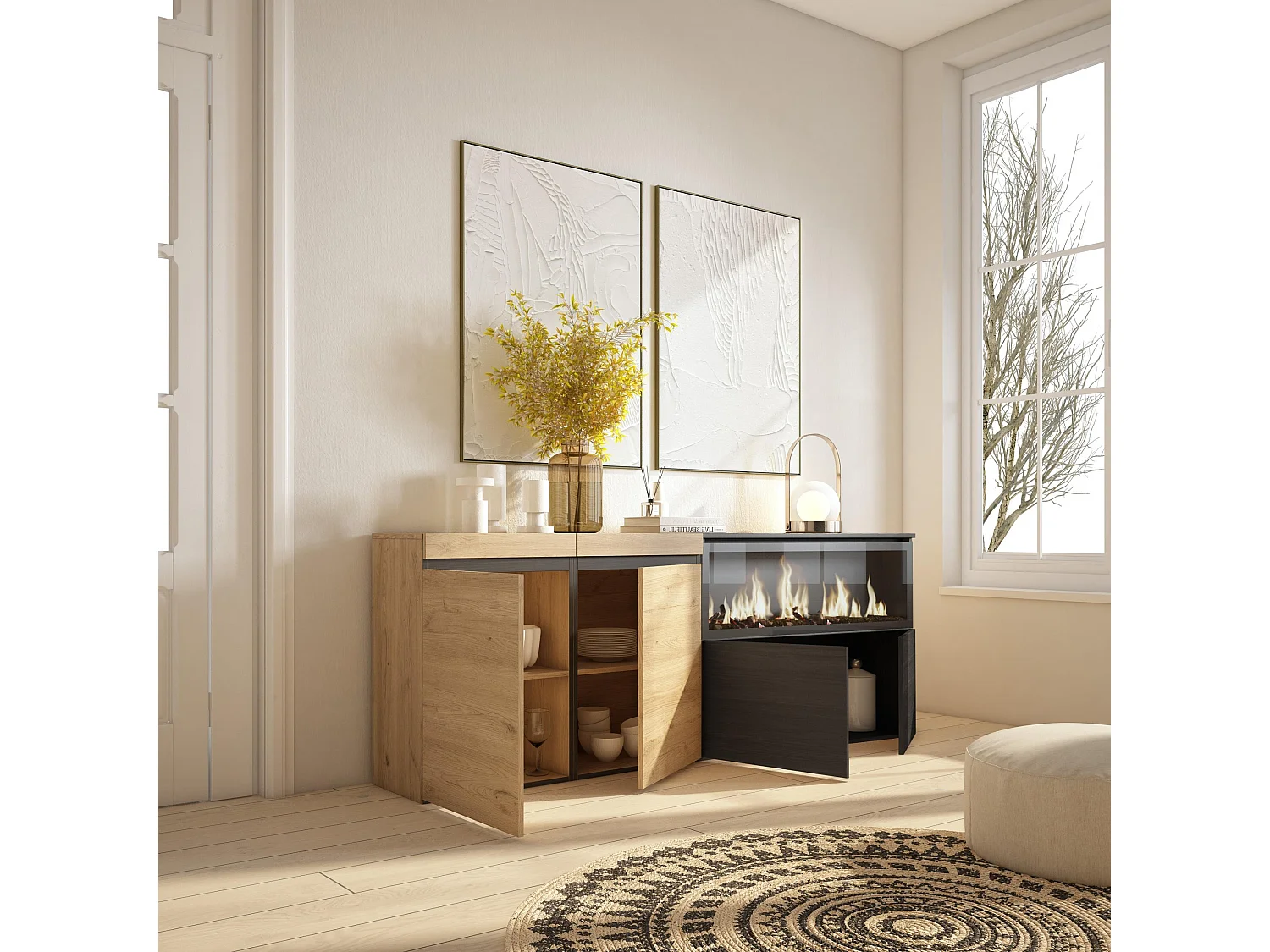 Credenza, Mobile, Cucina, 208x35x75cm, 4 Porte, Camino elettrico XXL, Rovere e nero