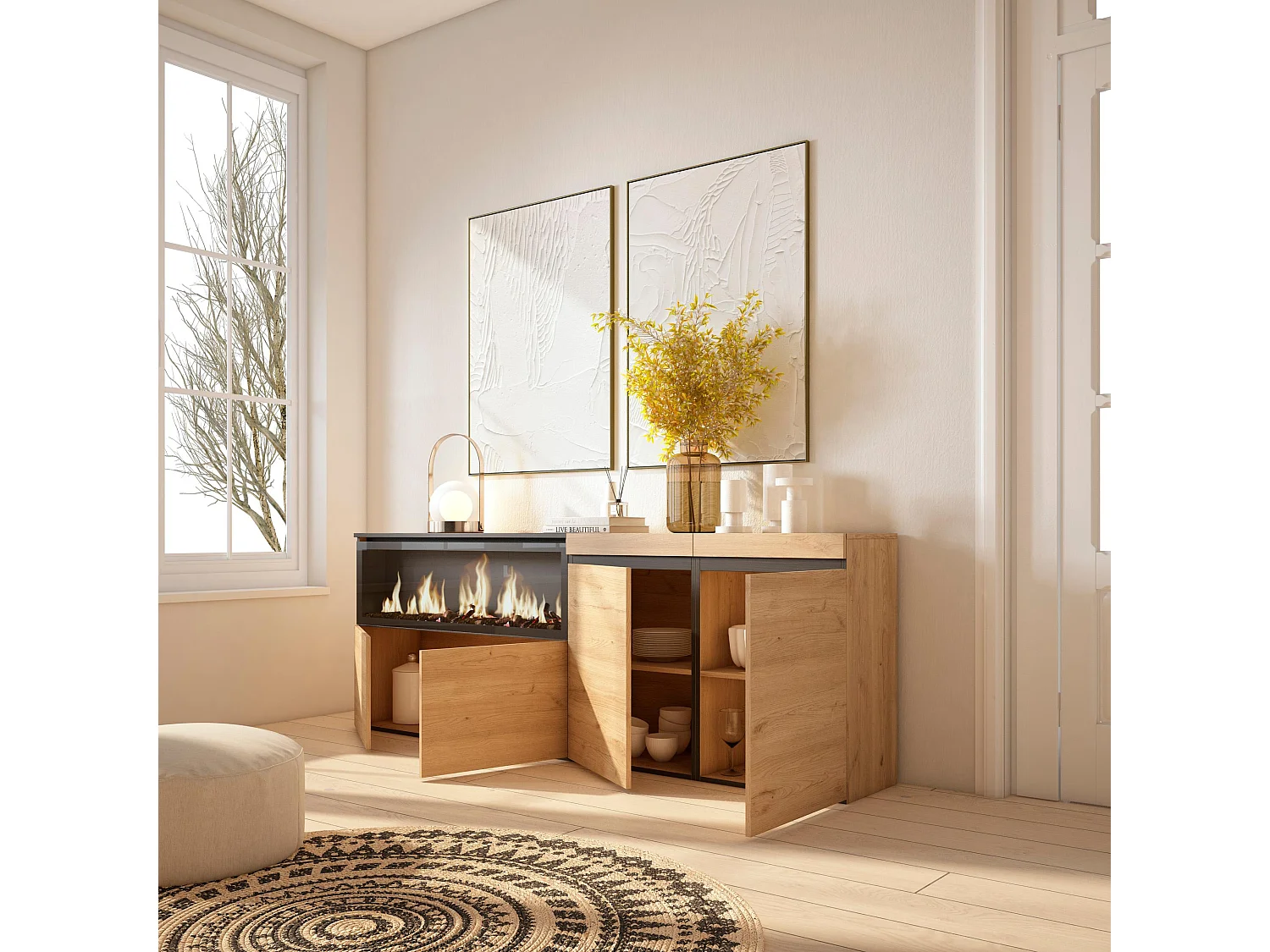 Buffet salon et cuisine, 208x35x75cm, 4 Portes, Cheminée électrique XXL, Chêne