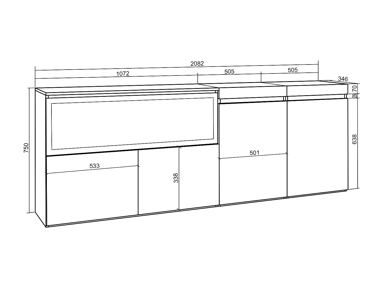 Buffet salon et cuisine, 208x35x75cm, 4 Portes, Cheminée électrique XXL, Chêne