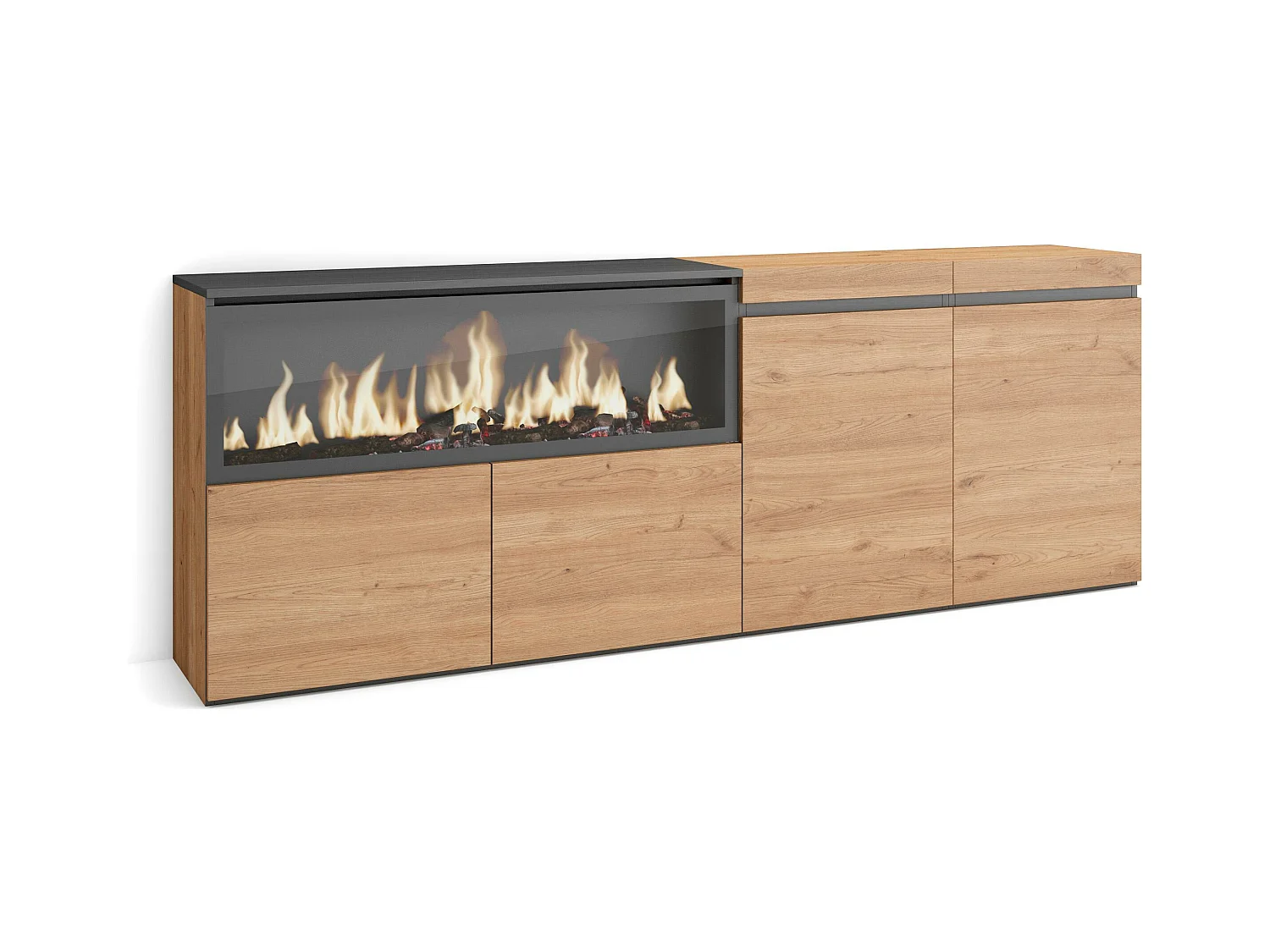 Buffet salon et cuisine, 208x35x75cm, 4 Portes, Cheminée électrique XXL, Chêne