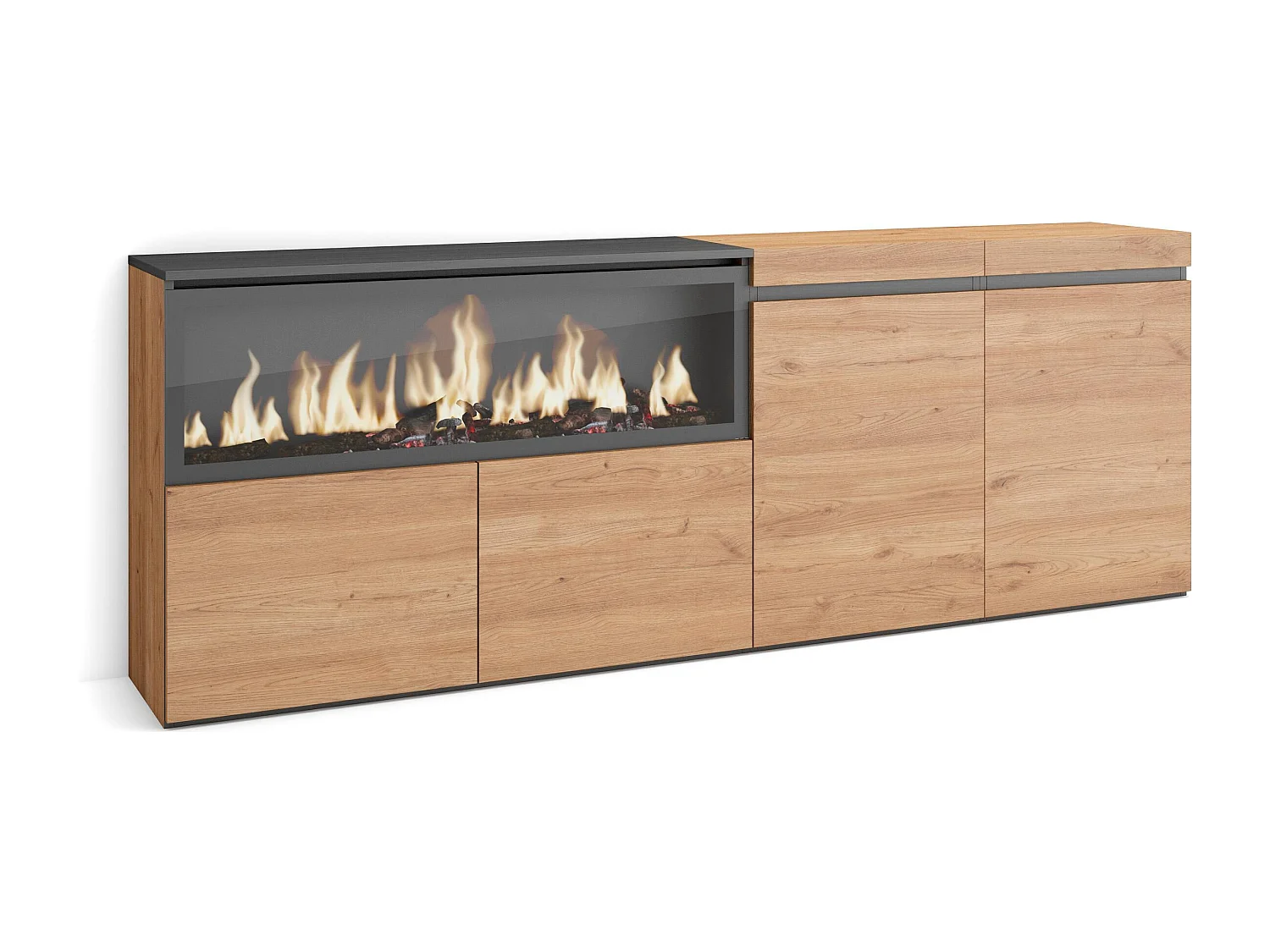 Aparador sala de jantar, 208x35x75cm, 4 Portas, Lareira eléctrica XXL, Carvahlo