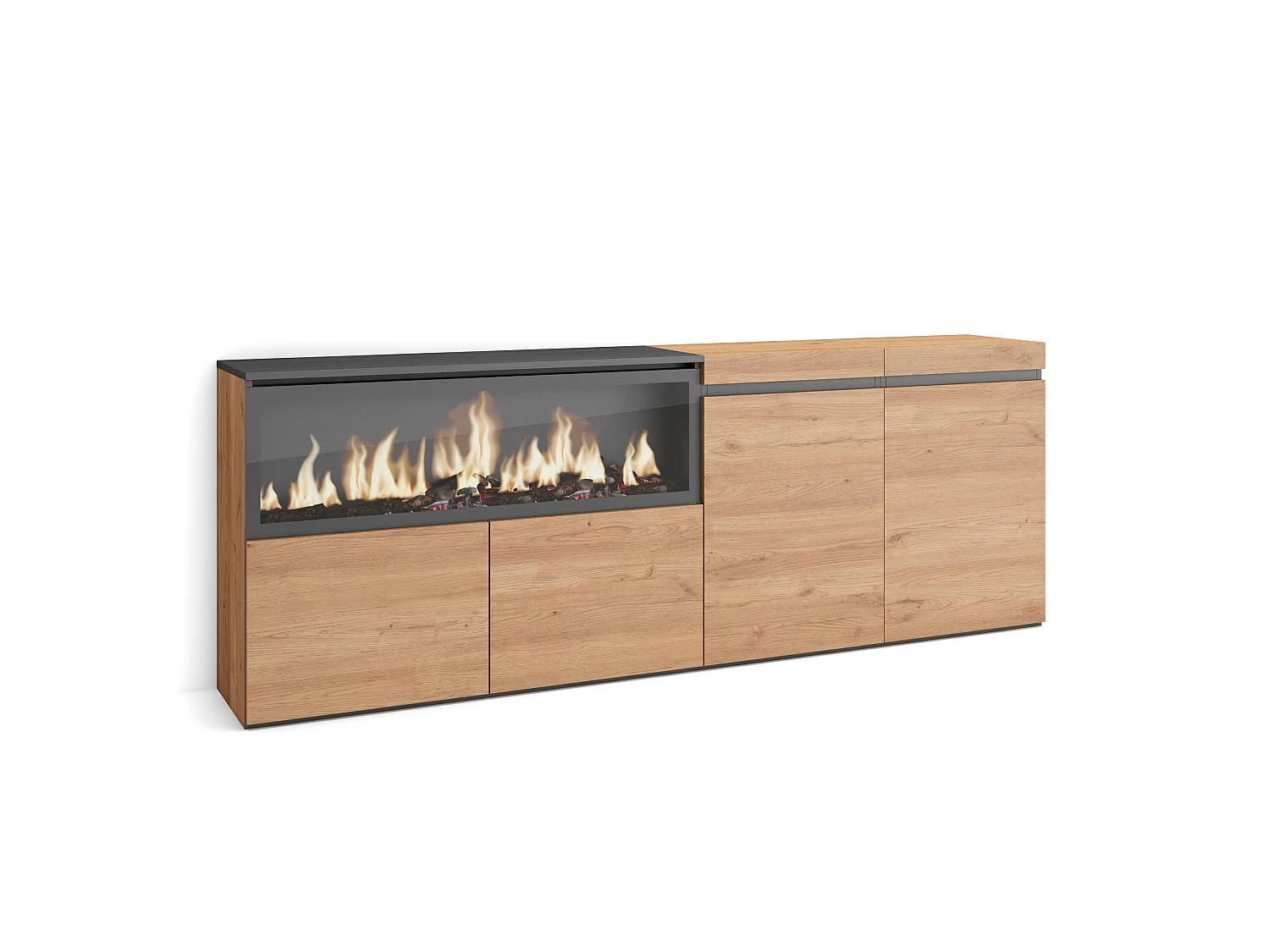 Sideboard, Highboard, 208x35x75cm, 4 Türen, Elektrokamin XXL, Eiche