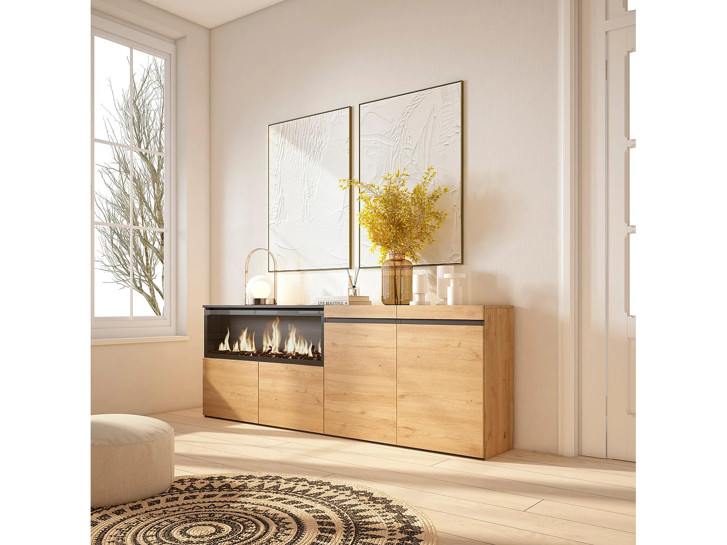 Sideboard, Highboard, 208x35x75cm, 4 Türen, Elektrokamin XXL, Eiche