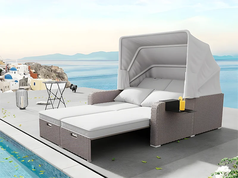 Salon de jardin extensible - Canapé lounge en rotin PE avec auvent réglable - structure en acier - Taupe