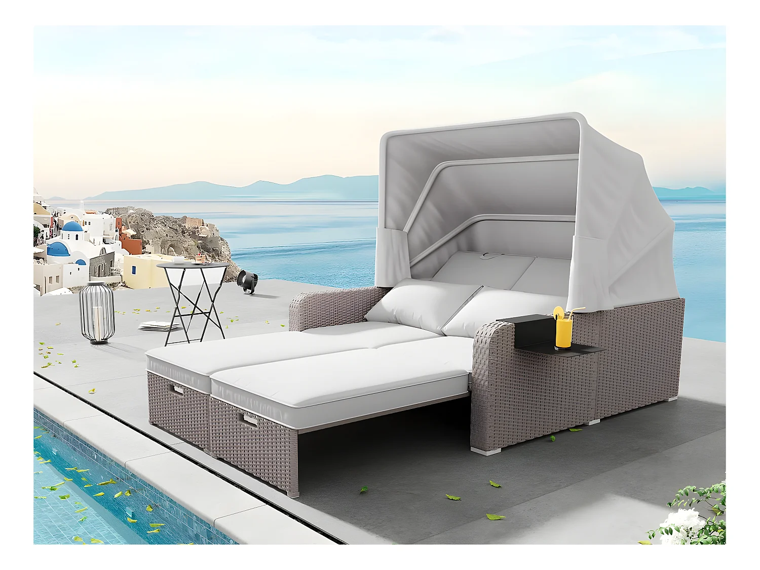 Salon de jardin extensible - Canapé lounge en rotin PE avec auvent réglable - structure en acier - Taupe