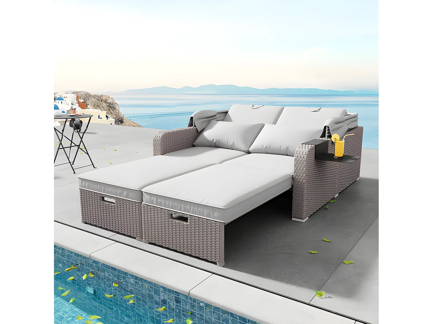 Mobiliario de jardín extensible - Sofá lounge de ratán PE con dosel ajustable - estructura de acero - Taupe