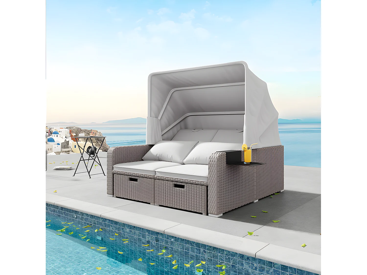 Mobiliario de jardín extensible - Sofá lounge de ratán PE con dosel ajustable - estructura de acero - Taupe