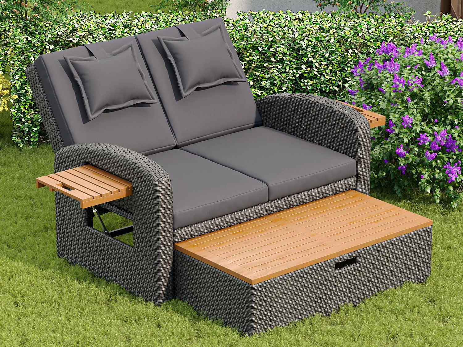 Salon de jardin avec dossier réglable - Canapé lounge en rotin PE - avec 2 tables d'appoint en acacia + repose-pieds de rangement - Gris & Naturel