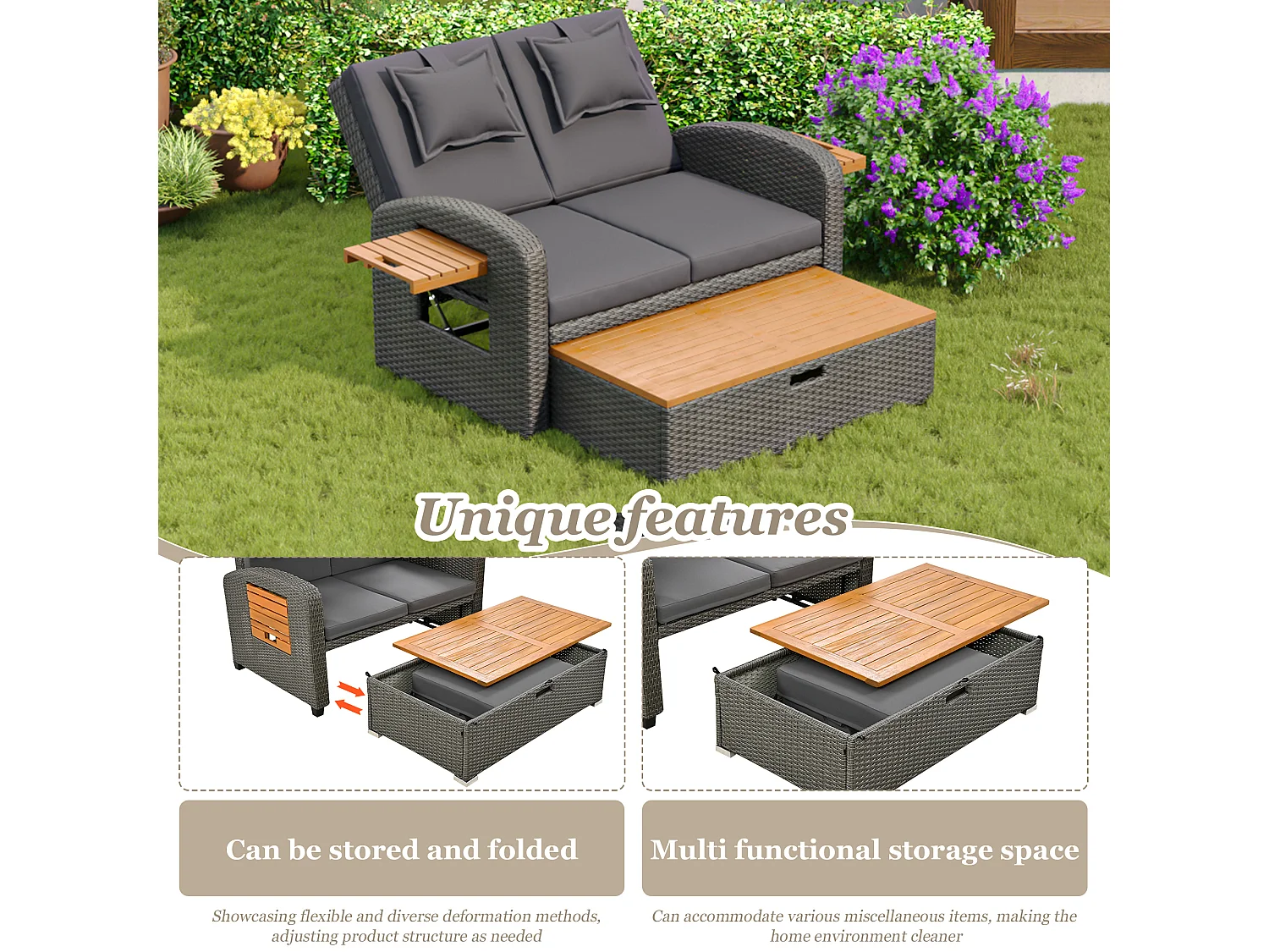 Salon de jardin avec dossier réglable - Canapé lounge en rotin PE - avec 2 tables d'appoint en acacia + repose-pieds de rangement - Gris & Naturel