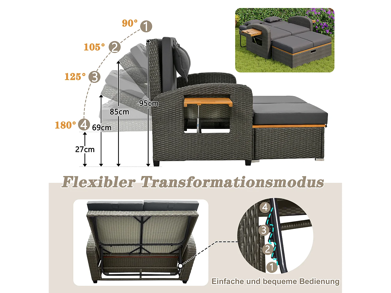 Salon de jardin avec dossier réglable - Canapé lounge en rotin PE - avec 2 tables d'appoint en acacia + repose-pieds de rangement - Gris & Naturel