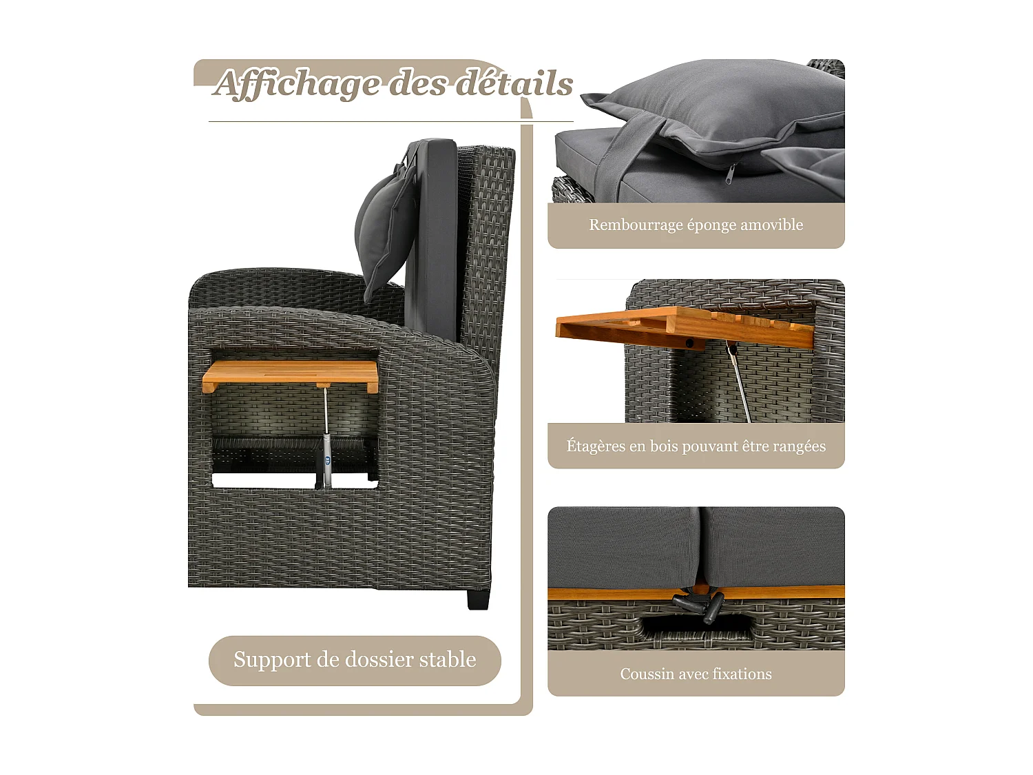 Salon de jardin avec dossier réglable - Canapé lounge en rotin PE - avec 2 tables d'appoint en acacia + repose-pieds de rangement - Gris & Naturel