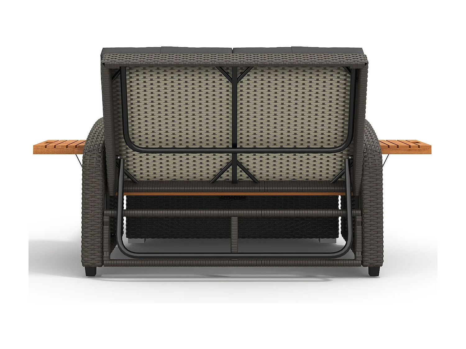 Salon de jardin avec dossier réglable - Canapé lounge en rotin PE - avec 2 tables d'appoint en acacia + repose-pieds de rangement - Gris & Naturel