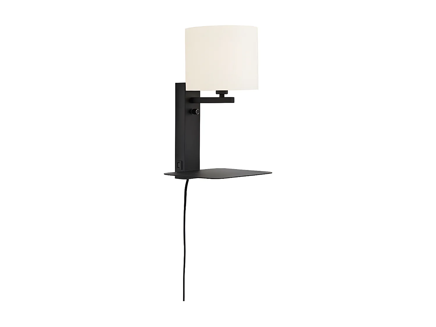 Zwart metalen wandlamp met witte lampenkap plus plank en USB-aansluiting