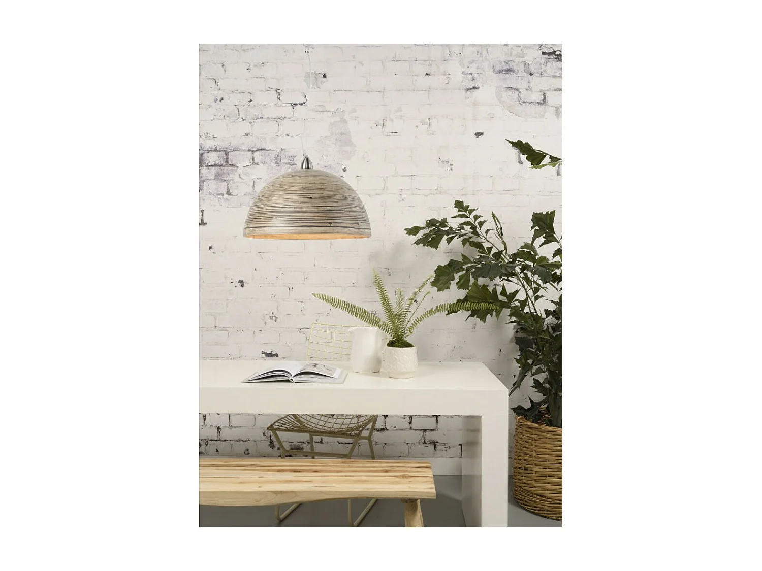Suspension cloche en bambou blanc intérieur bois