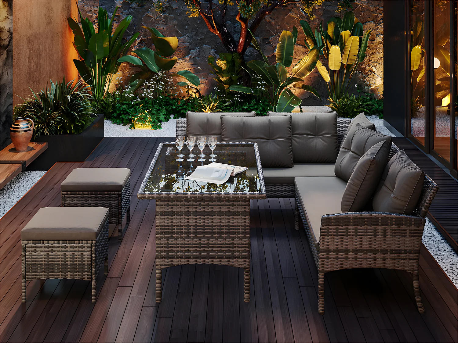 Salon de jardin 7 places en rotin PE - 2 canapés, 2 tabourets et 1 table basse - structure en acier