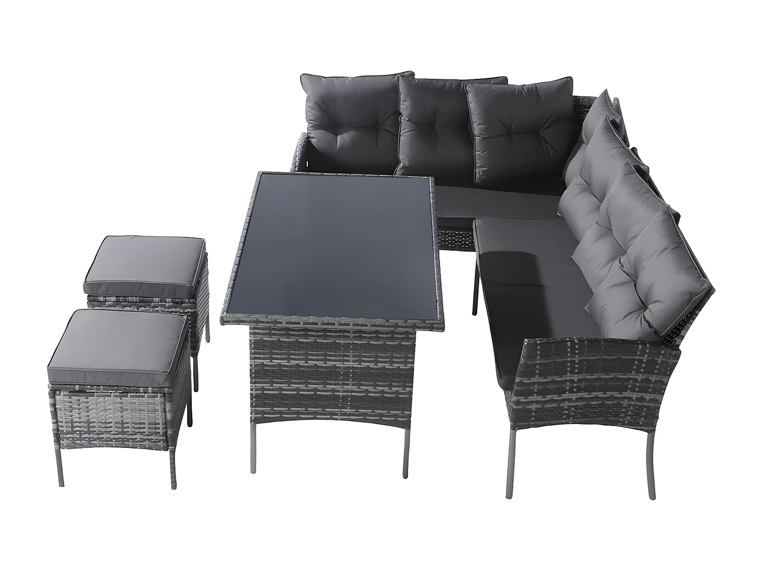 Salon de jardin 7 places en rotin PE - 2 canapés, 2 tabourets et 1 table basse - structure en acier